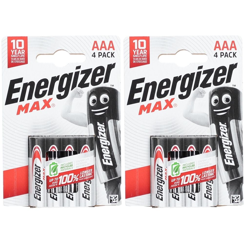 Zwei Packungen AAA-Batterien. Jede Packung enthält vier Batterien. Aufschrift: Energizer MAX, 10 Jahre Haltbarkeit.
