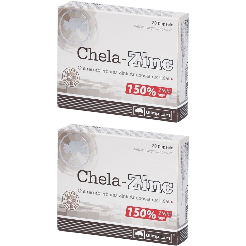 Zwei Schachteln Chela-Zinc. Weiße Verpackung mit Produktnamen und 150% Zink-Angabe. 30 Kapseln.