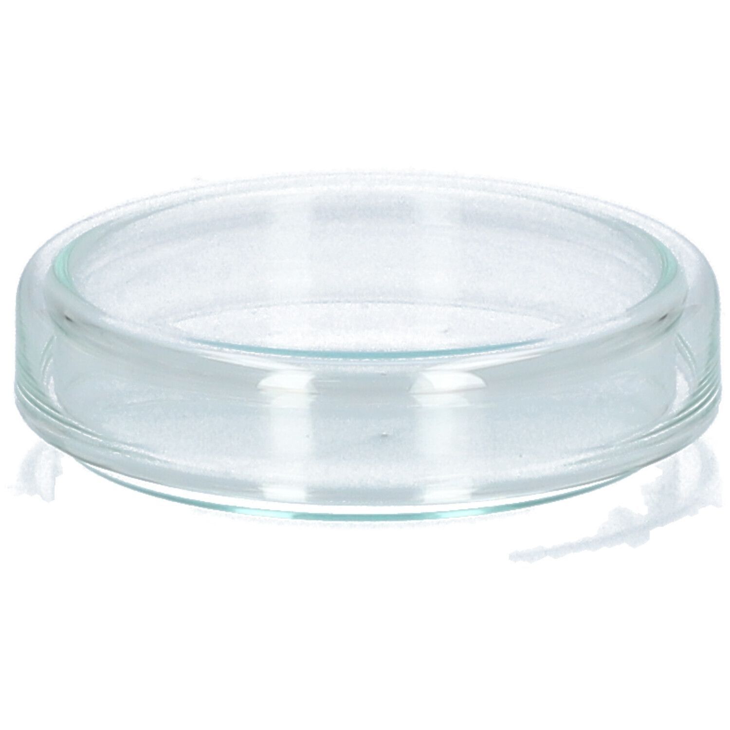 Petrischale aus Glas. Rund, transparent. Flache Form mit erhöhtem Rand.
