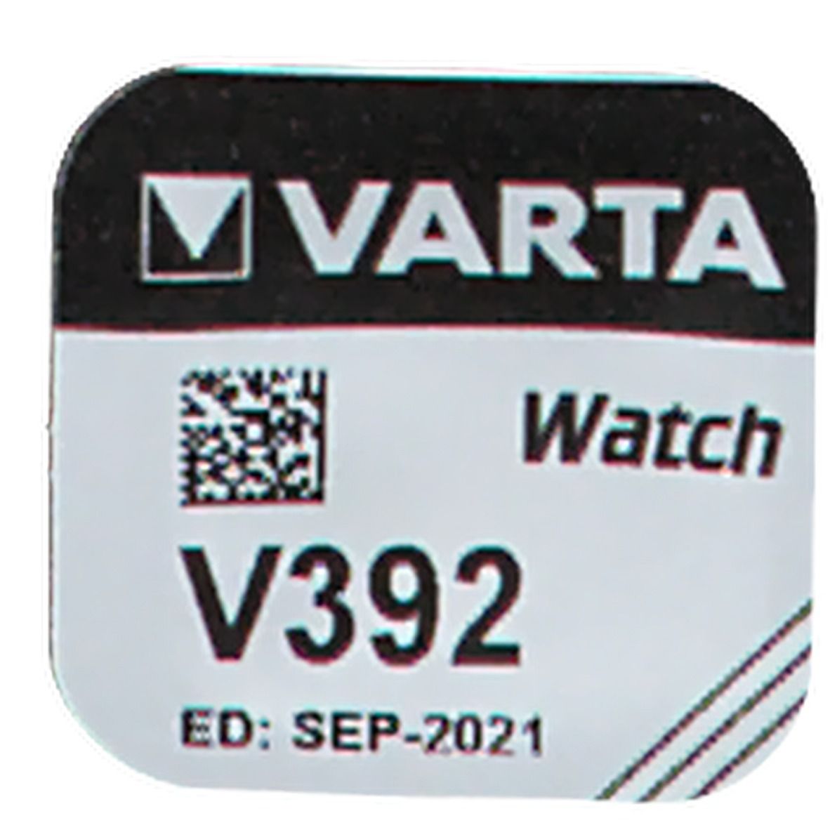 Etikett mit VARTA-Logo, QR-Code, Produktbezeichnung V392 und ED: SEP-2021. Schwarzer Hintergrund, weißer Text.