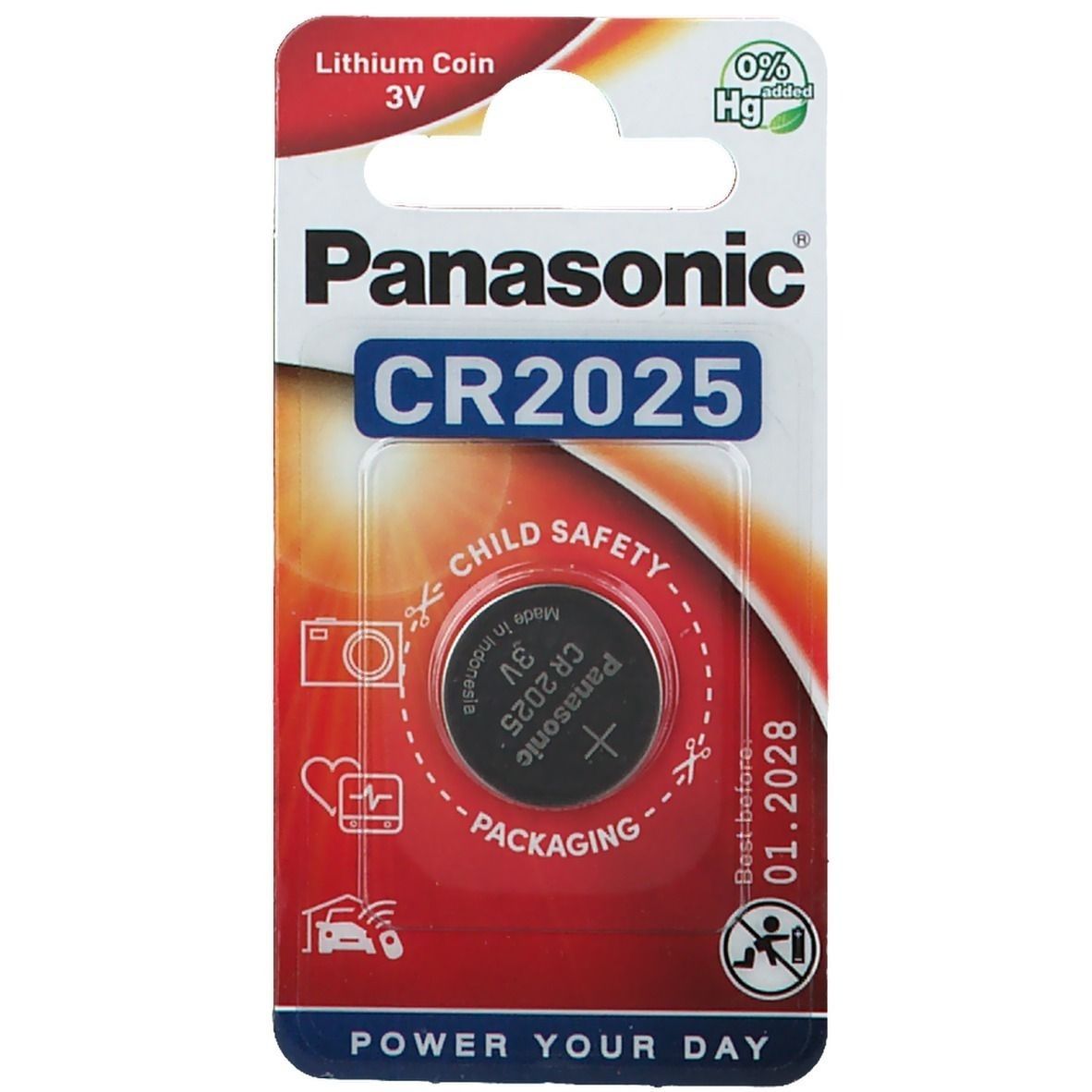 Panasonic CR2025 3V Lithium-Knopfzelle in Blisterverpackung. Schwarze Batterie mit weißer Schrift. Verpackung mit Text und Logo.