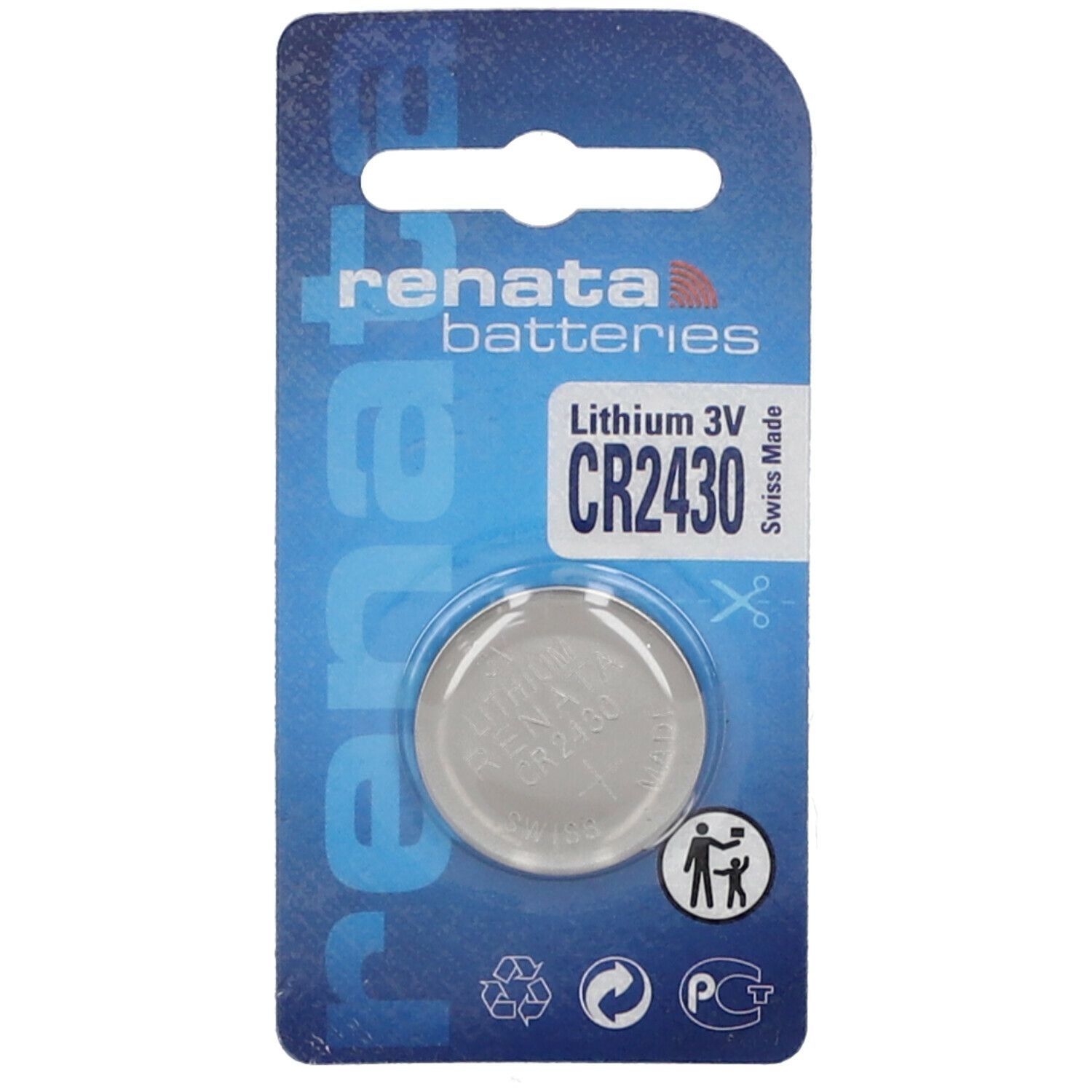 Knopfzelle CR2430, Lithium 3V, in Blisterverpackung. Marke Renata. Swiss Made. Recycling-Symbol.