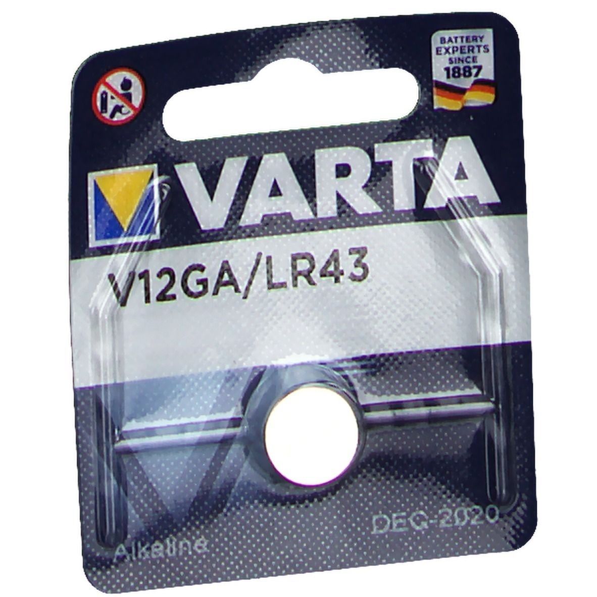 VARTA Knopzelle LR43 in Blisterverpackung. Aufschrift VARTA, V12GA/LR43, Alkaline. Mit Warnsymbol und deutschem Qualitätszeichen.