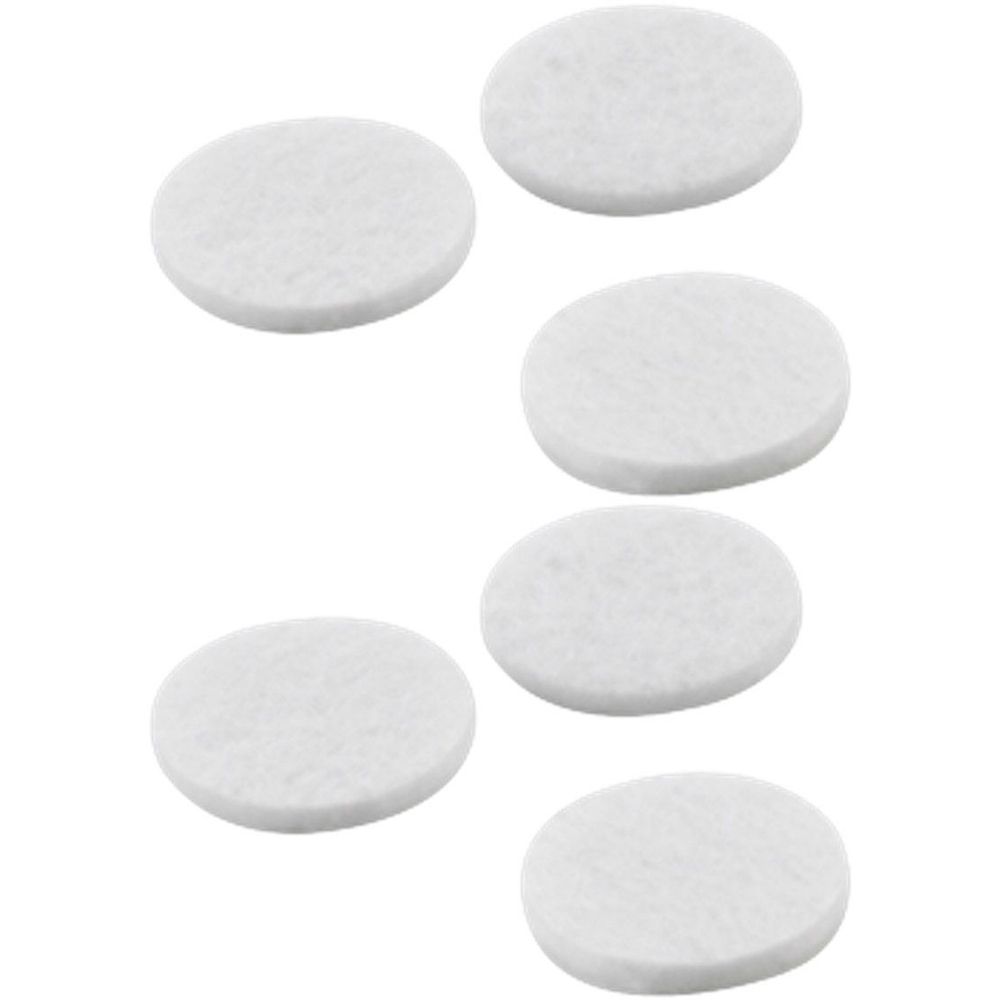 Sechs weiße, runde Ersatzfilter. Sie sind aus einem porösen Material gefertigt und liegen auf weißem Grund.