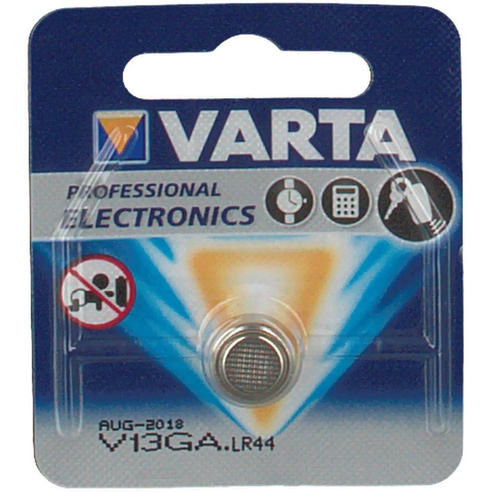 Knopfzelle VARTA V13GA in Blisterverpackung. Aufschrift: VARTA, PROFESSIONAL ELECTRONICS. Symbole für Uhr, Taschenrechner, Schlüssel.