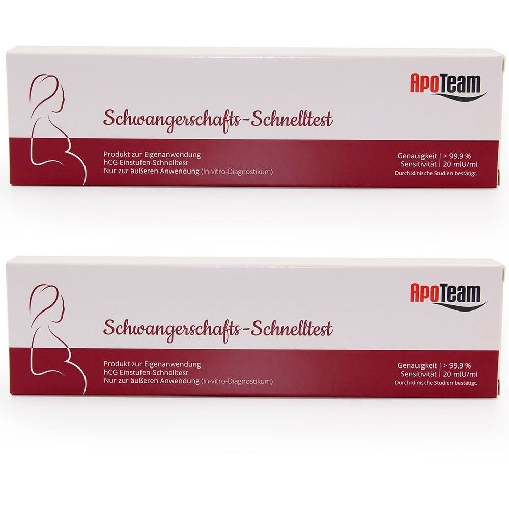 Zwei Packungen Schwangerschafts-Schnelltest. Weiß mit rotem Streifen. Aufdruck: ApoTeam, Schwangerschafts-Schnelltest, Genauigkeit >99,9%.