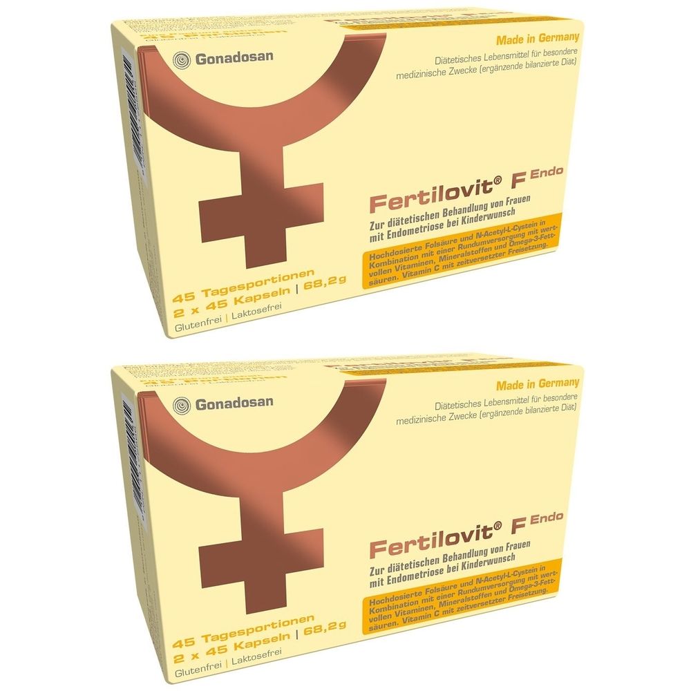 Zwei Packungen Fertilovit® F Endo. Aufdruck: Marke, Produktname, 45 Tagesportionen, glutenfrei, laktosefrei. Made in Germany.