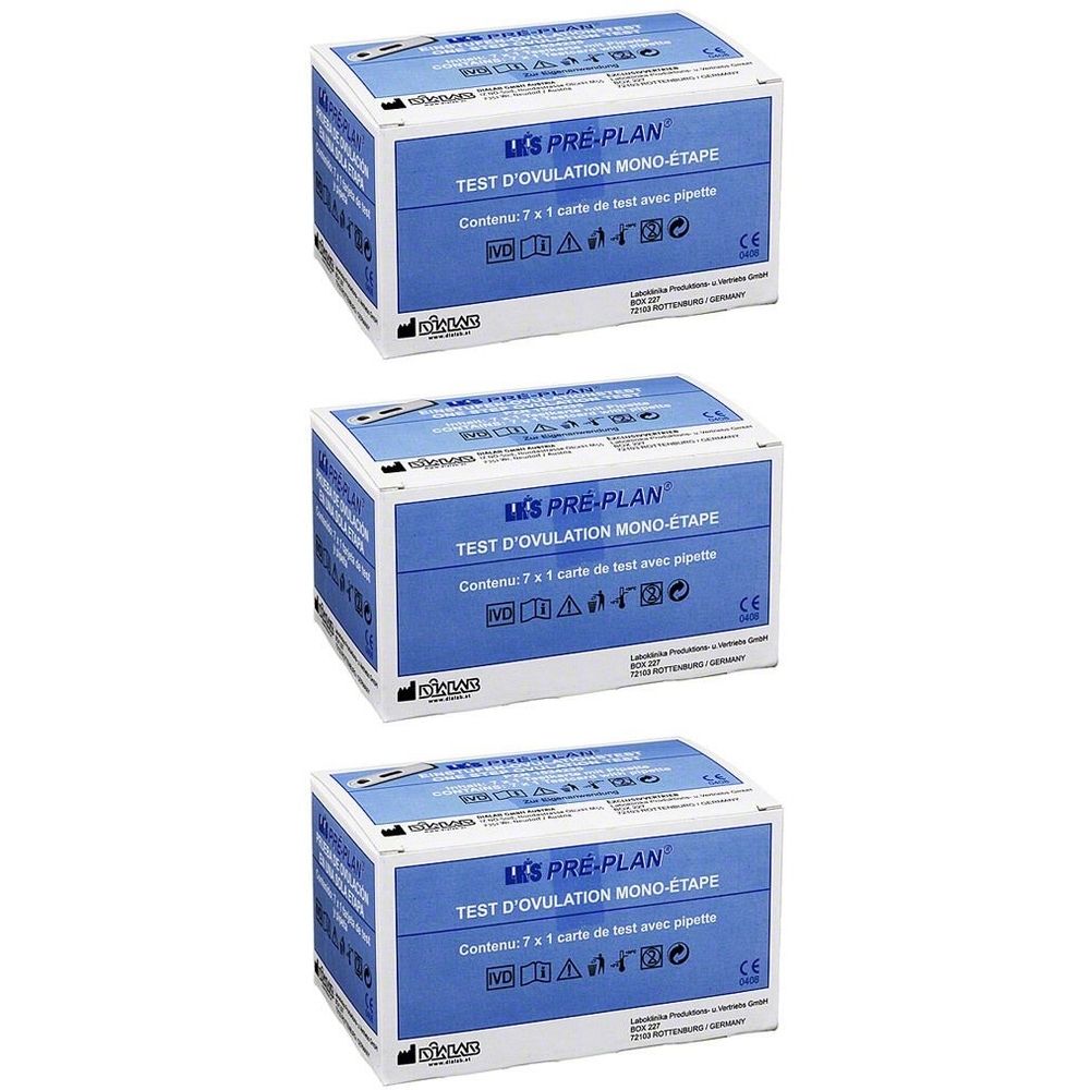 Drei Schachteln LKS® Pré-Plan® Ovulationstest. Blaue und weiße Verpackung mit Produktnamen und Text. CE-Kennzeichnung.