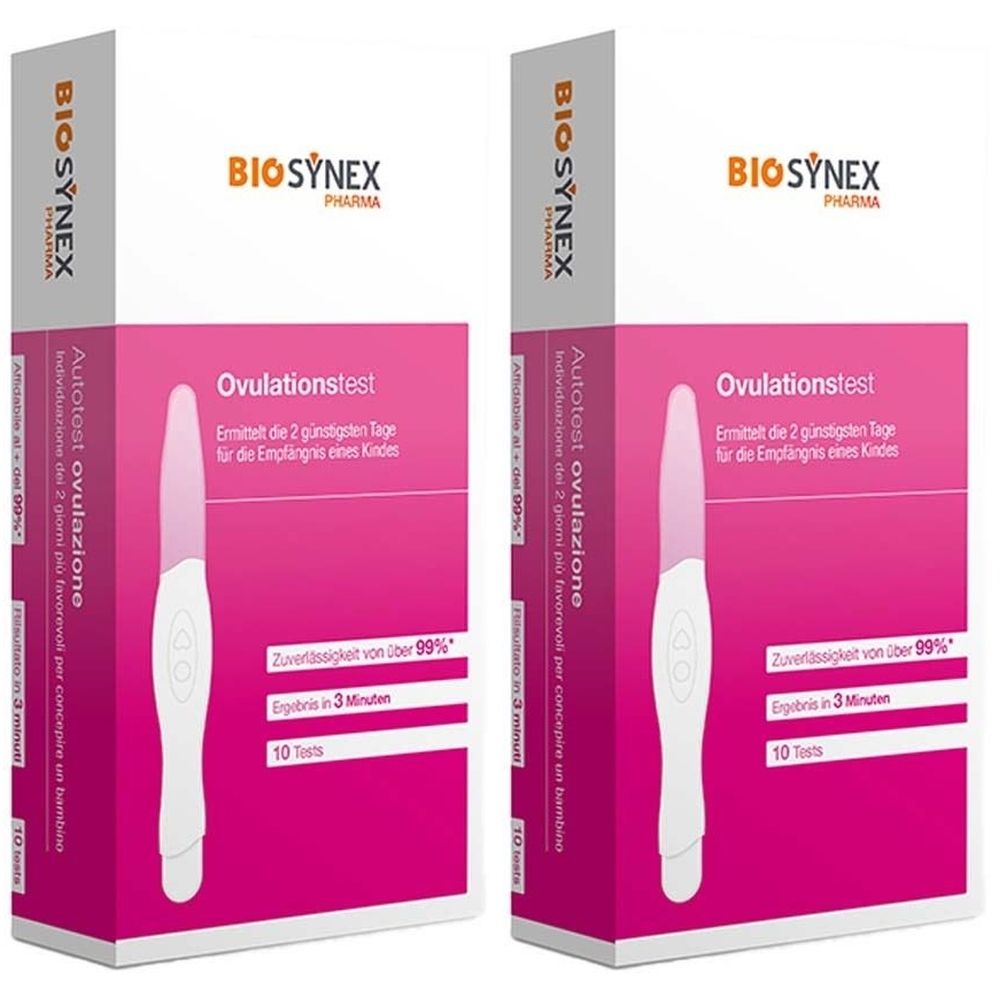 Zwei Packungen Ovulationstest. Rosa-weiße Schachteln mit Produktname und Marke Biosynex. Enthält 10 Tests. Zuverlässigkeit über 99%.
