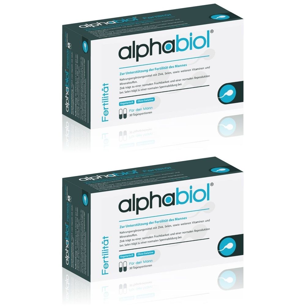 Zwei Schachteln alphabiol Fertilität. Weiße Verpackung mit blauem Deckel und Logo. Text in deutscher Sprache.