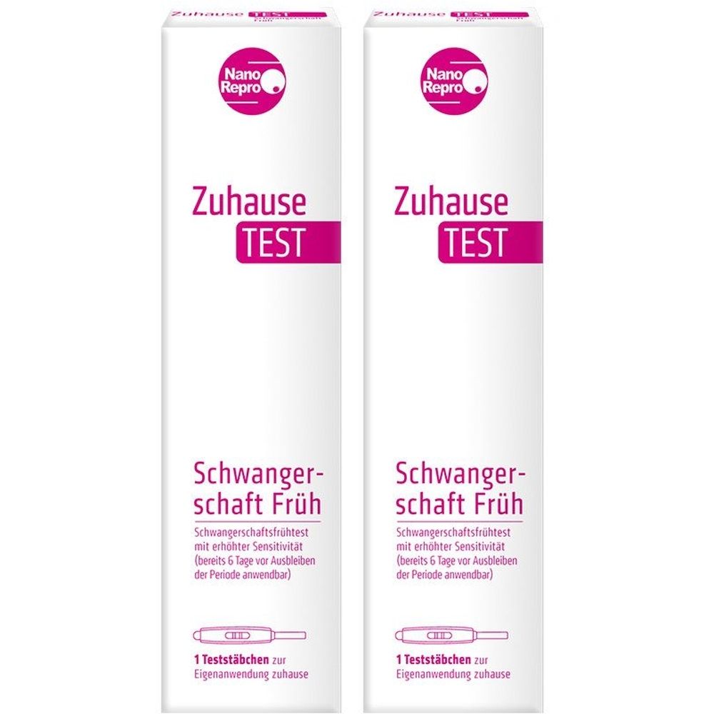 Zwei Packungen Schwangerschafts-Frühtest. Weiße Verpackung mit pinkfarbener Schrift. Oben links Logo von Nano Repro. Text: Zuhause TEST, Schwangerschaft Früh.