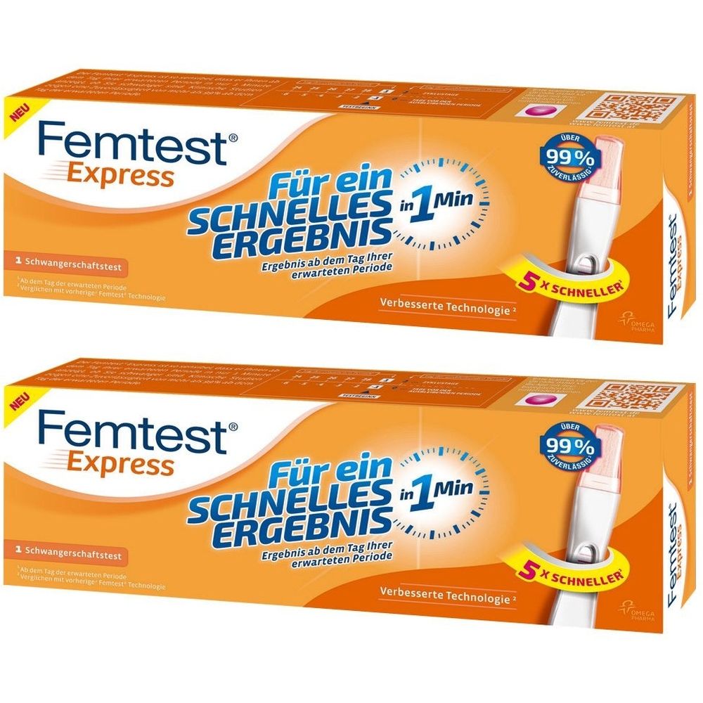 Zwei Packungen Femtest Express. Orangefarbene Verpackung mit Produktname, Text und Abbildung eines Testgeräts. 99% Genauigkeit.