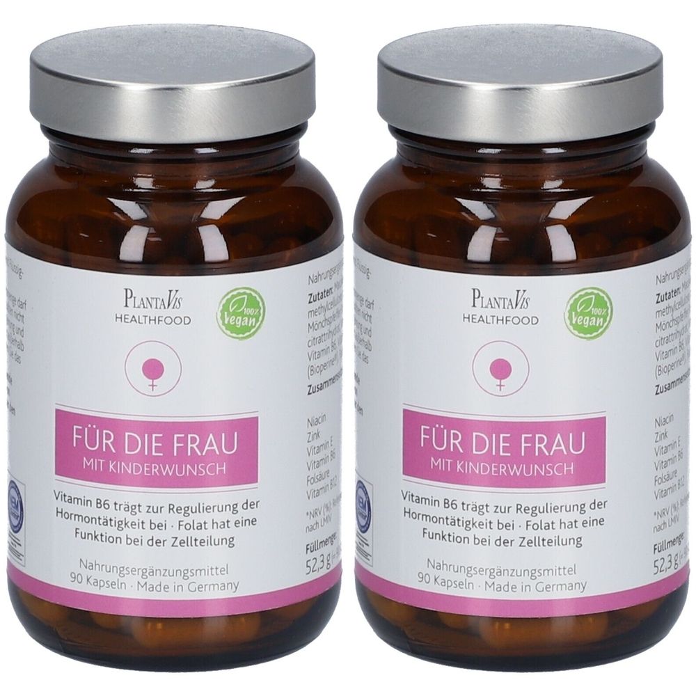 Zwei braune Glasflaschen mit silbernen Deckeln. Aufschrift: FÜR DIE FRAU MIT KINDERWUNSCH. Vegan-Siegel. Nahrungsergänzungsmittel.