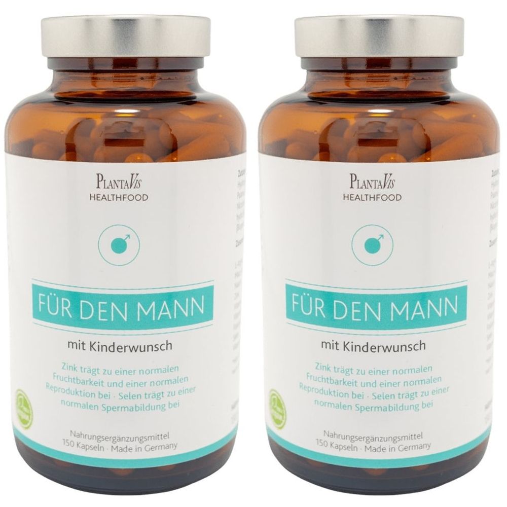 Zwei braune Glasflaschen mit silbernen Deckeln. Auf den Etiketten steht "PlantaVis Healthfood" und "Für den Mann".