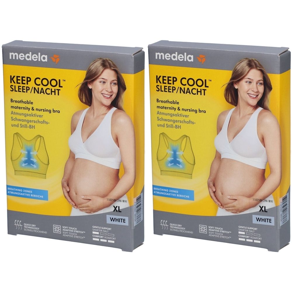 Zwei Kartons mit weißem Still-BH. Aufdruck: KEEP COOL SLEEP/NACHT, XL, WHITE. Marke: medela. Abbildung einer schwangeren Frau.