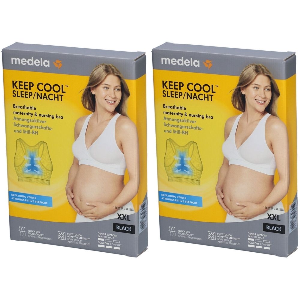 Zwei Produktverpackungen des Medela Keep Cool Schlaf-Bustiers. Aufdruck: Keep Cool, XXL, schwarz. Abbildung einer Frau im Still-BH.
