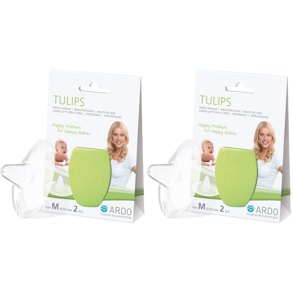 Zwei Brusthütchen mit Verpackung. Auf der Verpackung steht "TULIPS" und "ARDO". Größe M, 2 Stück.