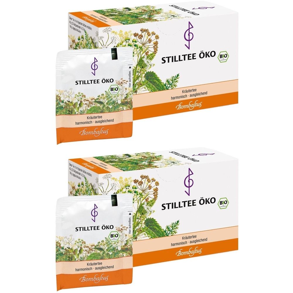 Zwei Packungen und zwei Teebeutel. Aufschrift: STILLTEE ÖKO, Bio-Siegel. Orangefarbener Streifen. Kräuterabbildung. Marke: Bombastus.