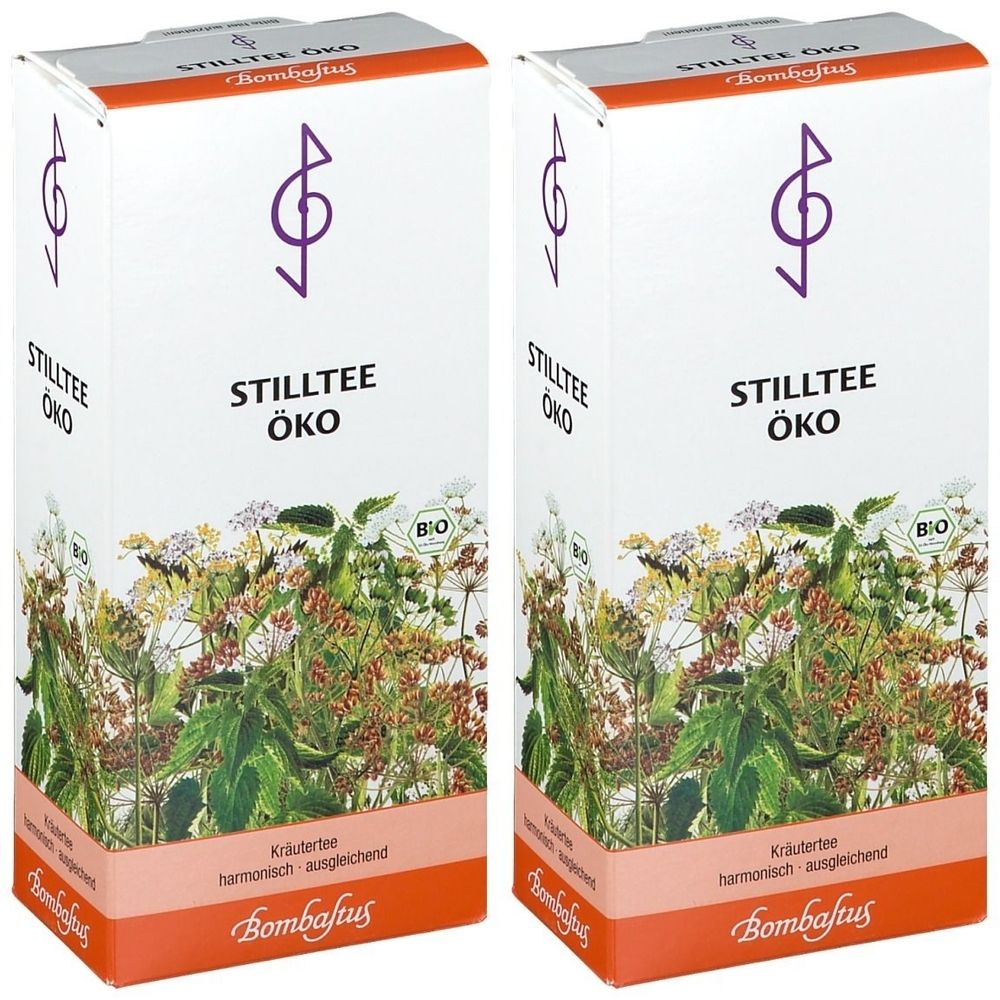 Zwei Kartonverpackungen mit der Aufschrift "STILLTEE ÖKO". Aufdrucke: Kräutertee, Bio-Siegel, Logo und Schriftzug Bombastus.