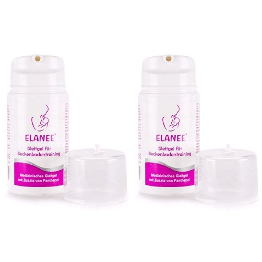 Zwei weiße Flaschen mit Deckel. Aufdruck: ELANEE, Gleitgel für Beckenbodentraining. Medizinische Gleitgel mit Zusatz von Panthenol.
