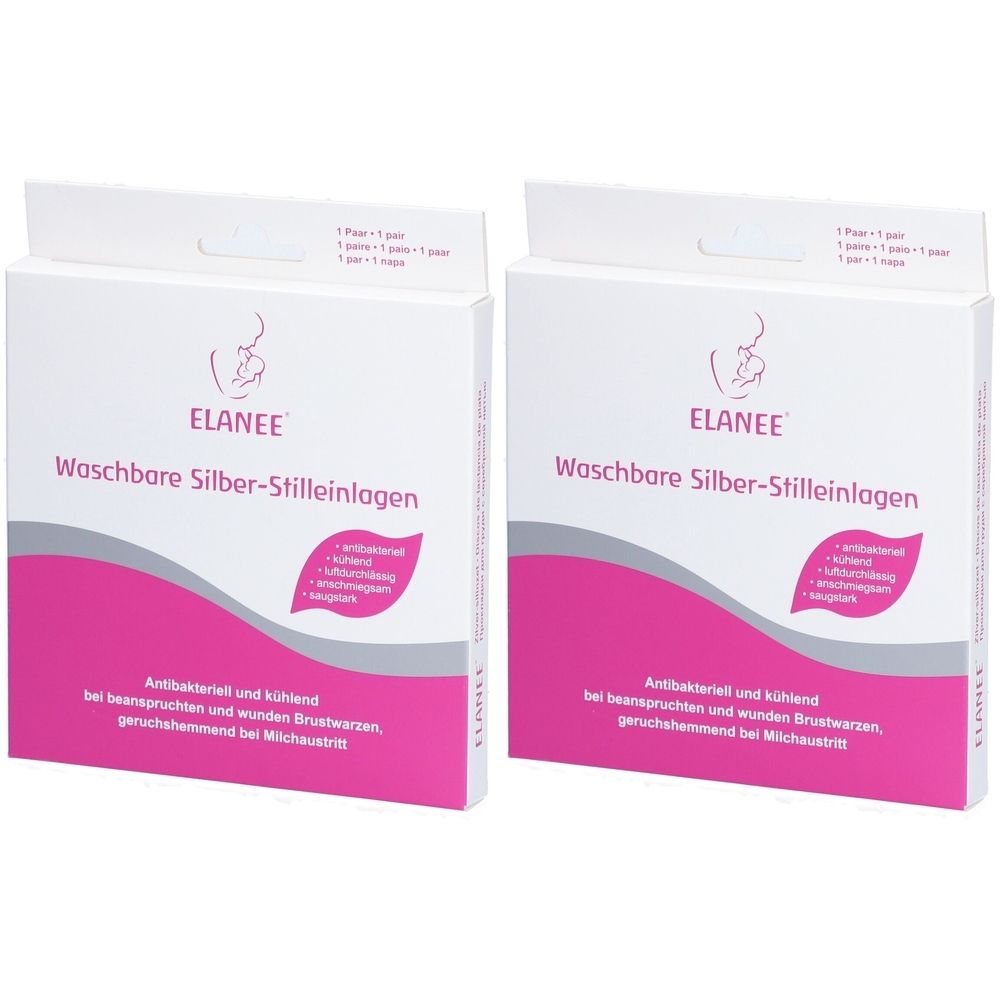 Zwei Kartons mit der Aufschrift ELANEE Waschbare Silber-Stilleinlagen. Rosa und weiße Verpackung mit Produktinformationen.