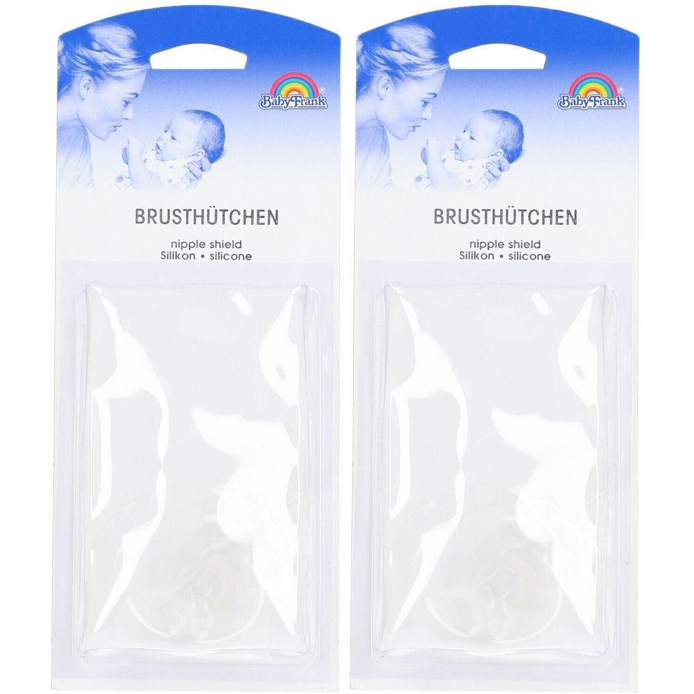 Zwei Blisterpackungen mit Brusthütchen aus Silikon. Aufschrift: Brusthütchen, nipple shield, Silikon.