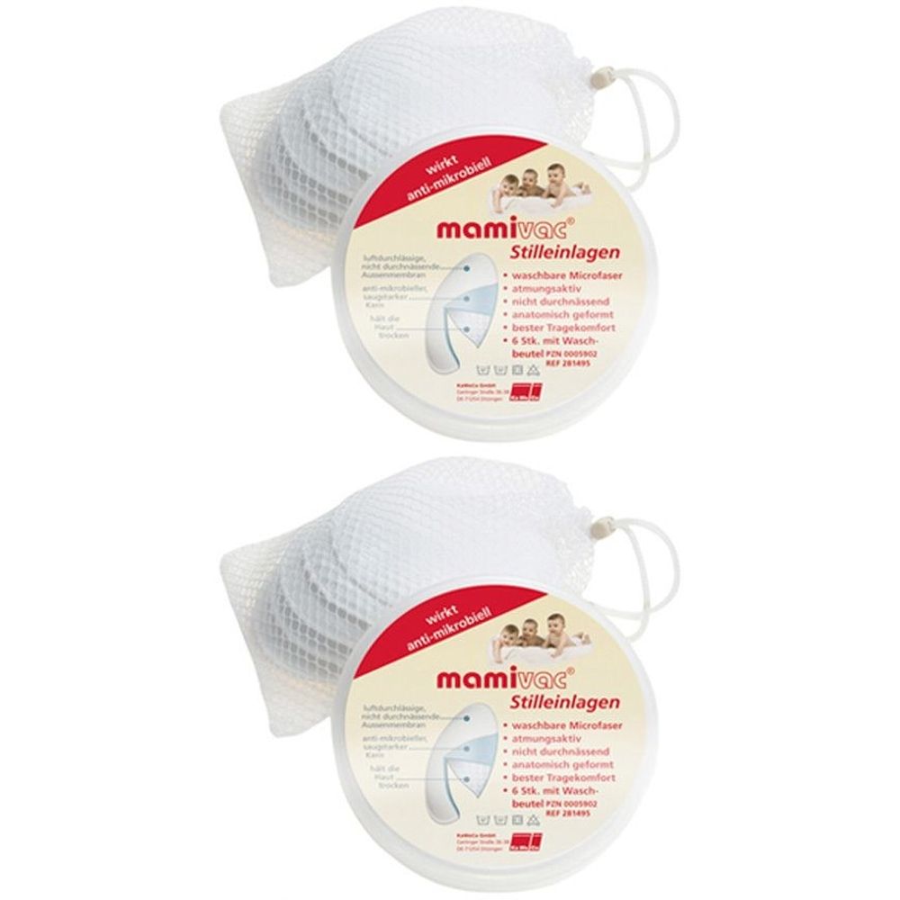 Zwei Packungen Stilleinlagen. Runde, weiße Behälter mit Produktinformationen. Daneben Netztaschen mit runden Einlagen.