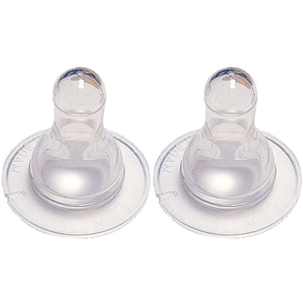 Zwei transparente Silikonsauger mit runder Basis. Die Sauger haben eine zylindrische Form und sind für Babys geeignet.