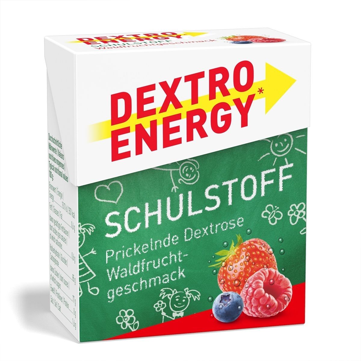 Verpackung mit Dextro Energy Schulstoff Waldfrucht. Aufschrift: Dextro Energy, Schulstoff, Waldfrüchte-Geschmack. Abbildung von Früchten.