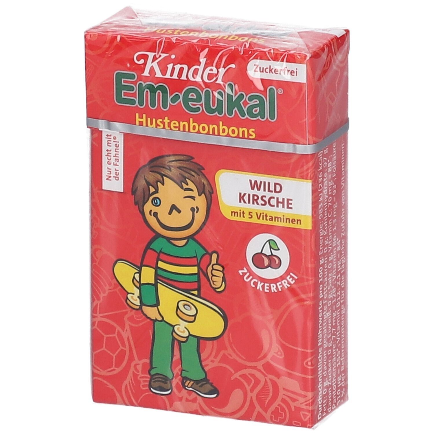 Rote Verpackung mit Produktnamen Kinder Em-eukal Hustenbonbons. Abbildung eines Kindes mit Skateboard. Aufschrift Wild Kirsche, zuckerfrei.