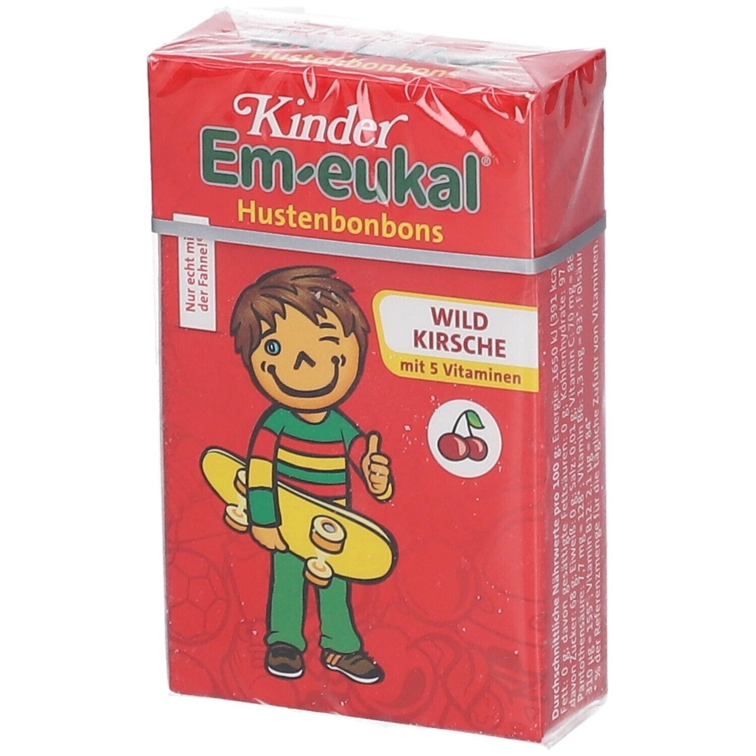 Rote Verpackung mit "Kinder Em-eukal Hustenbonbons". Abbildung eines Kindes mit Skateboard und Kirschen. Text: Wild Kirsche mit 5 Vitaminen.