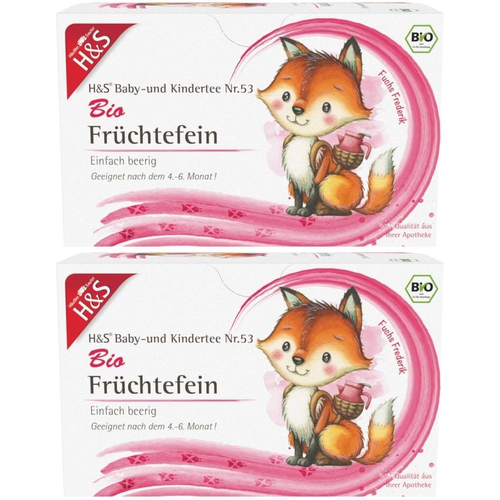 Zwei Kartons H&S Baby- und Kindertee Früchtefein. Aufdruck: Bio, Fuchs-Illustration, geeignet ab 4-6 Monaten. Mit Bio-Siegel.