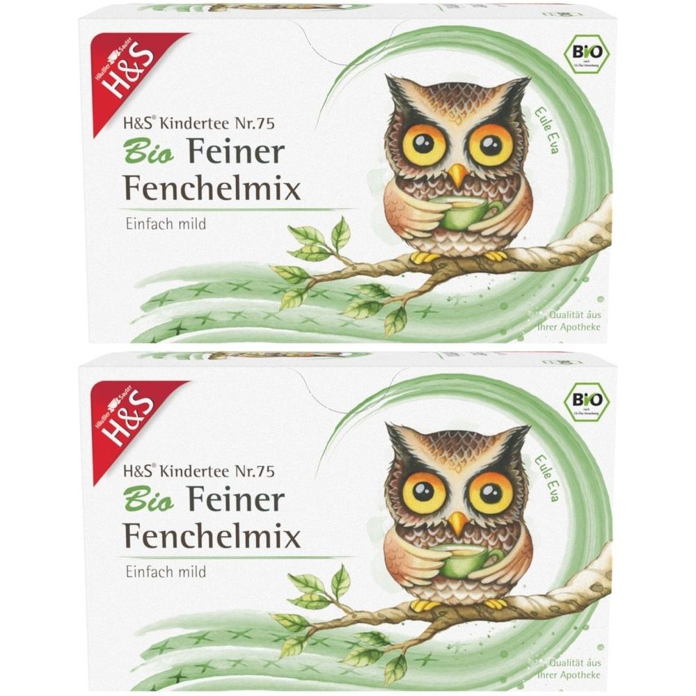 Zwei Packungen H&S Kindertee. Aufdruck: Bio Feiner Fenchelmix. Mit Eulen-Illustration auf Ast. Bio-Siegel.
