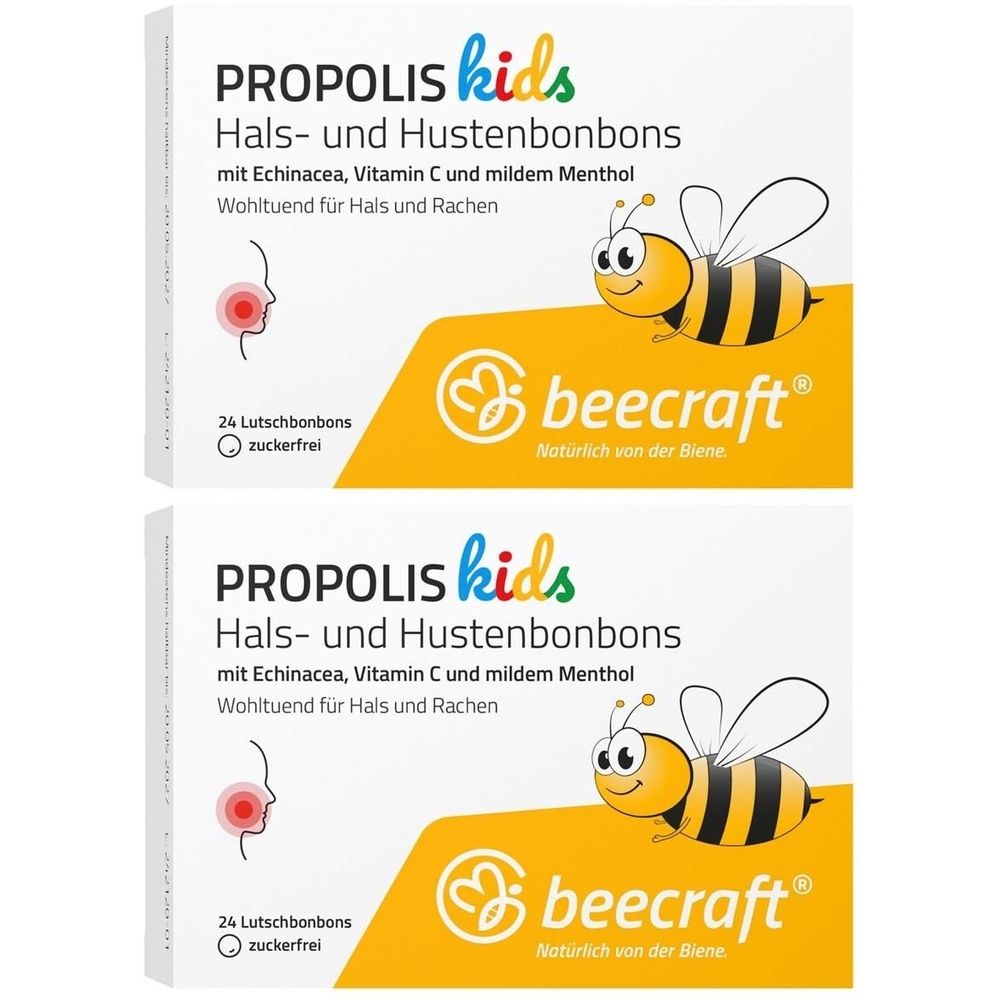Zwei Packungen Propolis Kids Hals- und Hustenbonbons. Aufschrift: 24 Lutschbonbons, zuckerfrei. Logo: beecraft, natürlich von der Biene. Abbildung einer Biene.