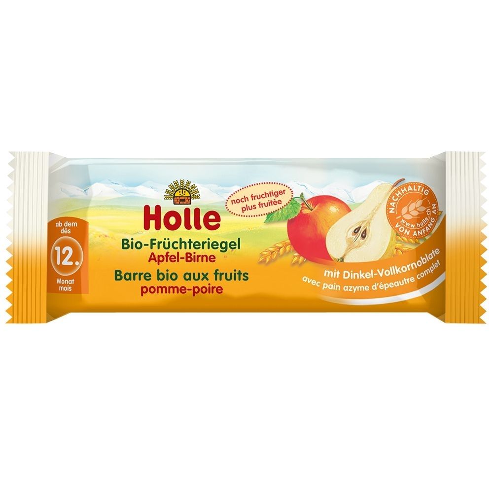 Verpackung mit Holle Bio-Früchteriegel Apfel-Birne. Abbildung von Apfel und Birne. Text: Barre bio aux fruits pomme-poire.