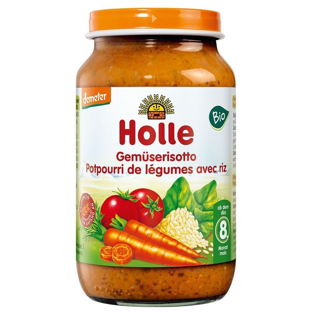 Glas mit Holle Gemüserisotto. Aufkleber mit Produktnamen, Gemüseabbildungen und Bio-Siegel. Orangefarbener Deckel.