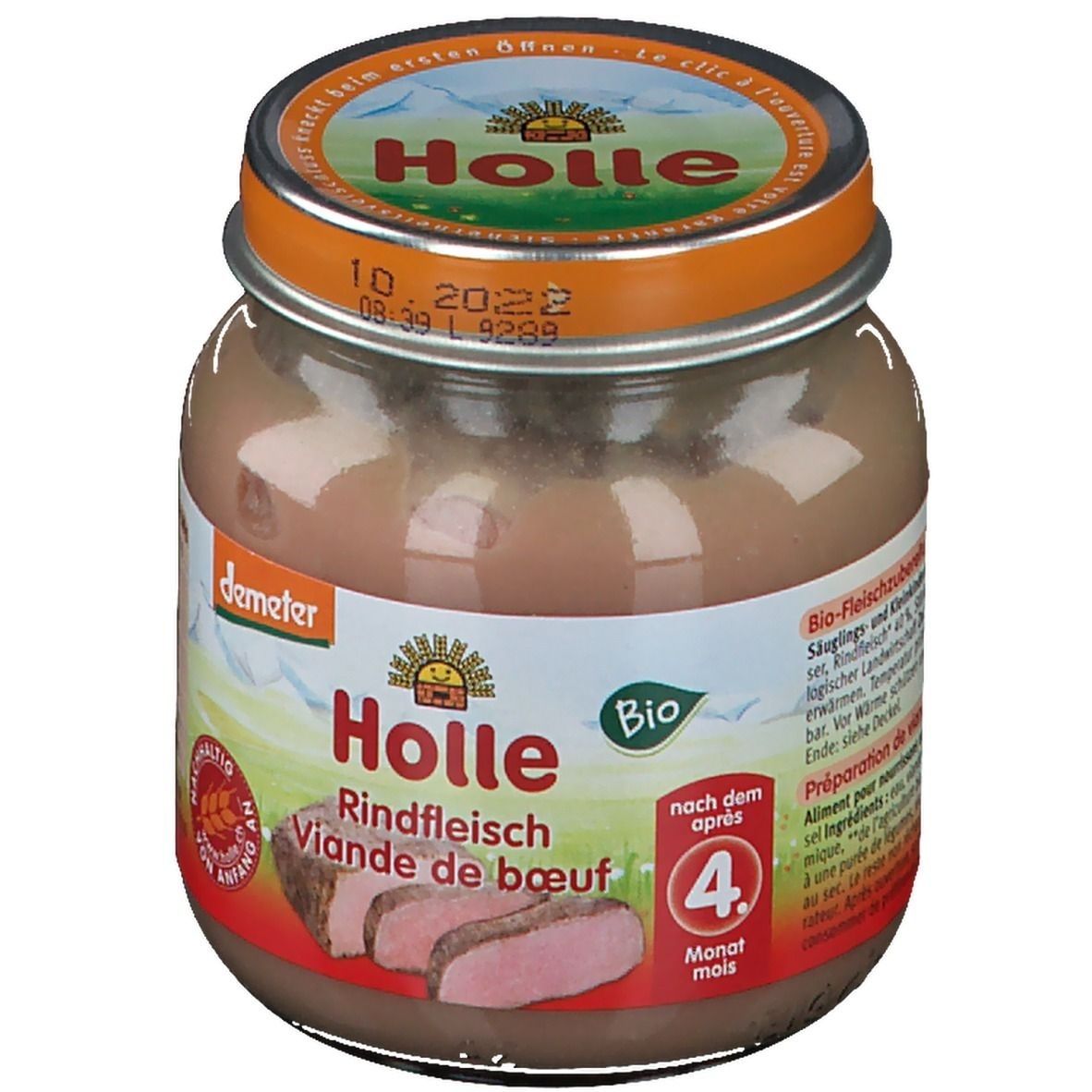 Glas mit Babynahrung. Aufschrift: Holle Rindfleisch, Bio. Ab dem 4. Monat. Deckel mit Haltbarkeitsdatum.