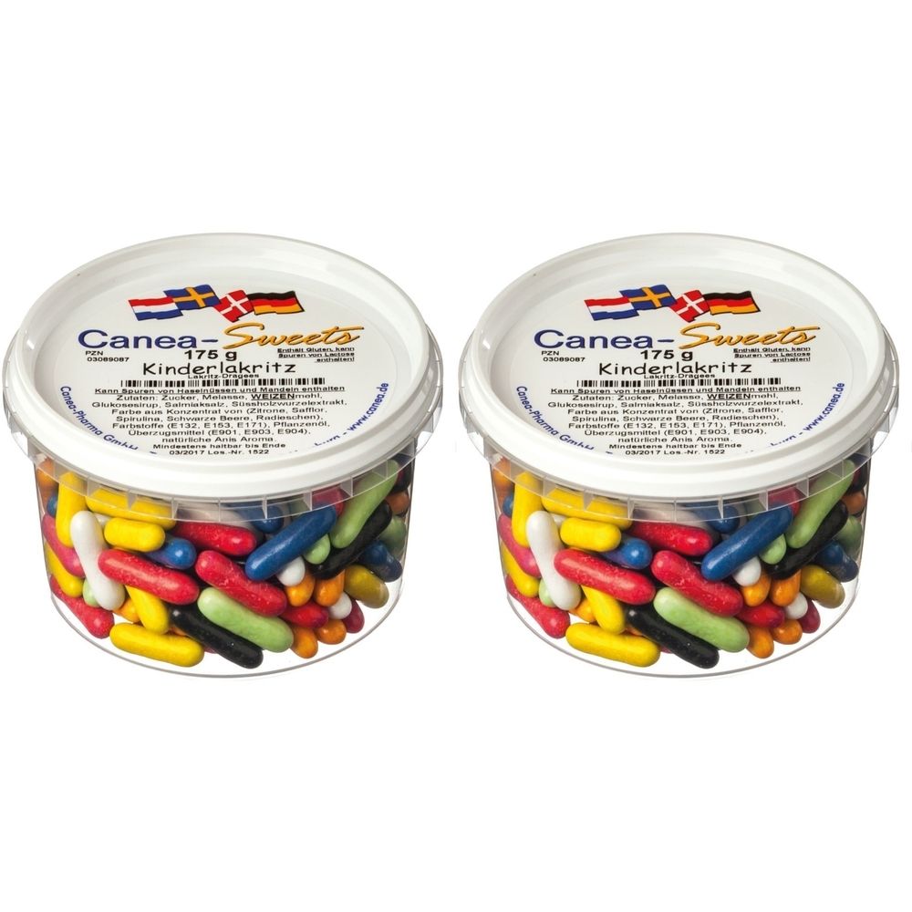 Zwei transparente Behälter mit bunten Lakritzstangen. Auf dem Deckel steht "Canea-Sweets Kinderlakritz".