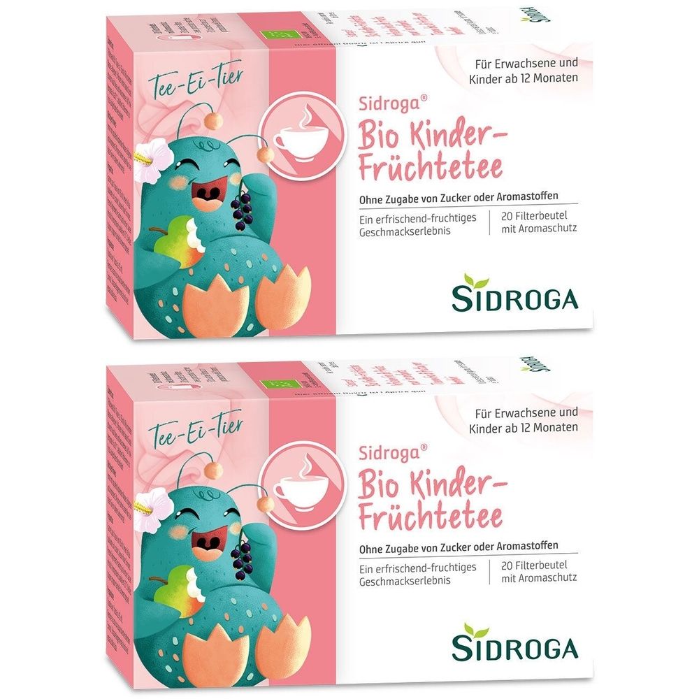 Zwei Packungen Sidroga Bio Kinder-Früchtetee. Rosa Verpackung mit Cartoon-Figur. Text: 20 Filterbeutel, ohne Zucker.
