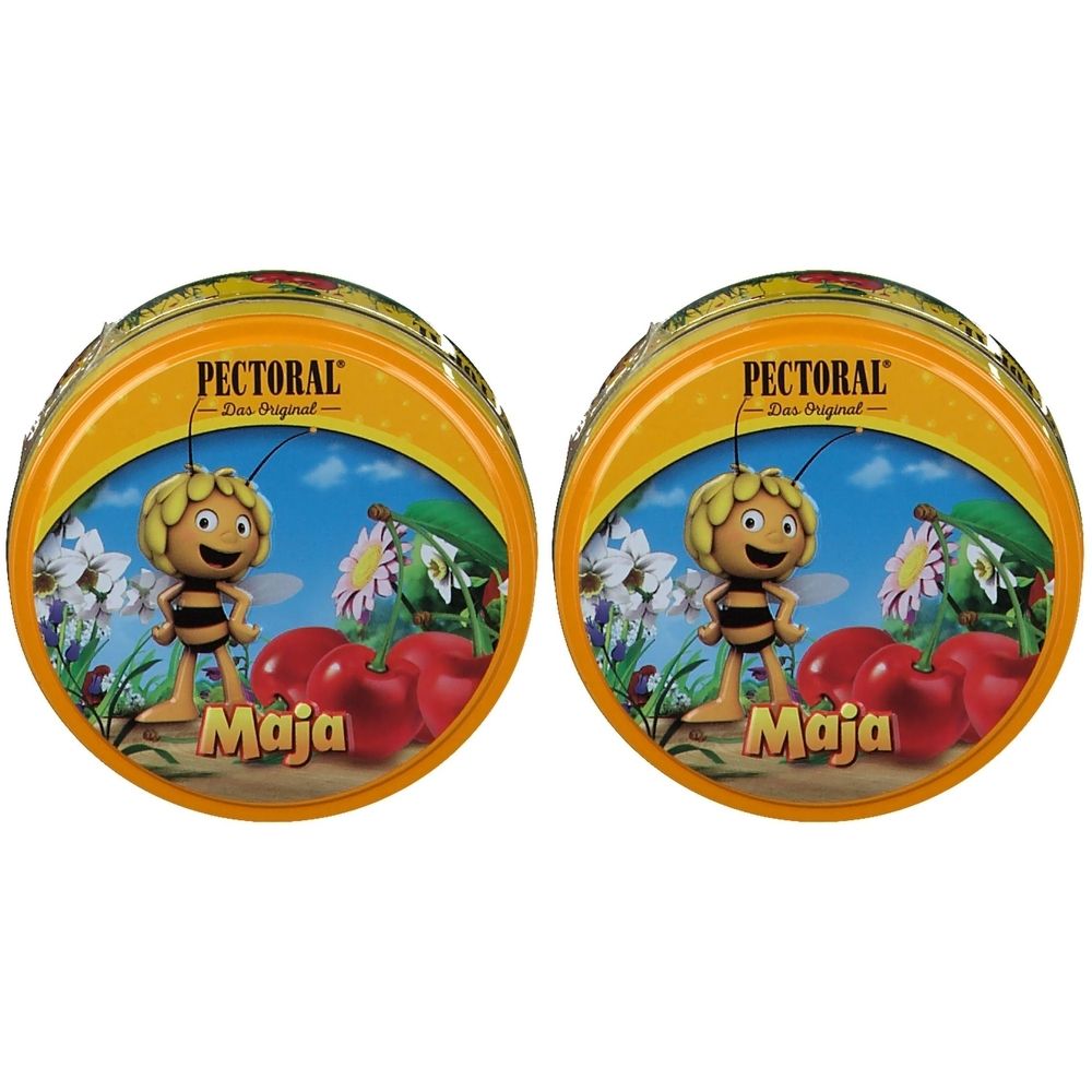 Zwei runde Dosen mit Biene Maja-Motiv und Kirschen. Aufschrift: Pectoral. Gelb-orangefarbener Deckel mit blauem Hintergrund.