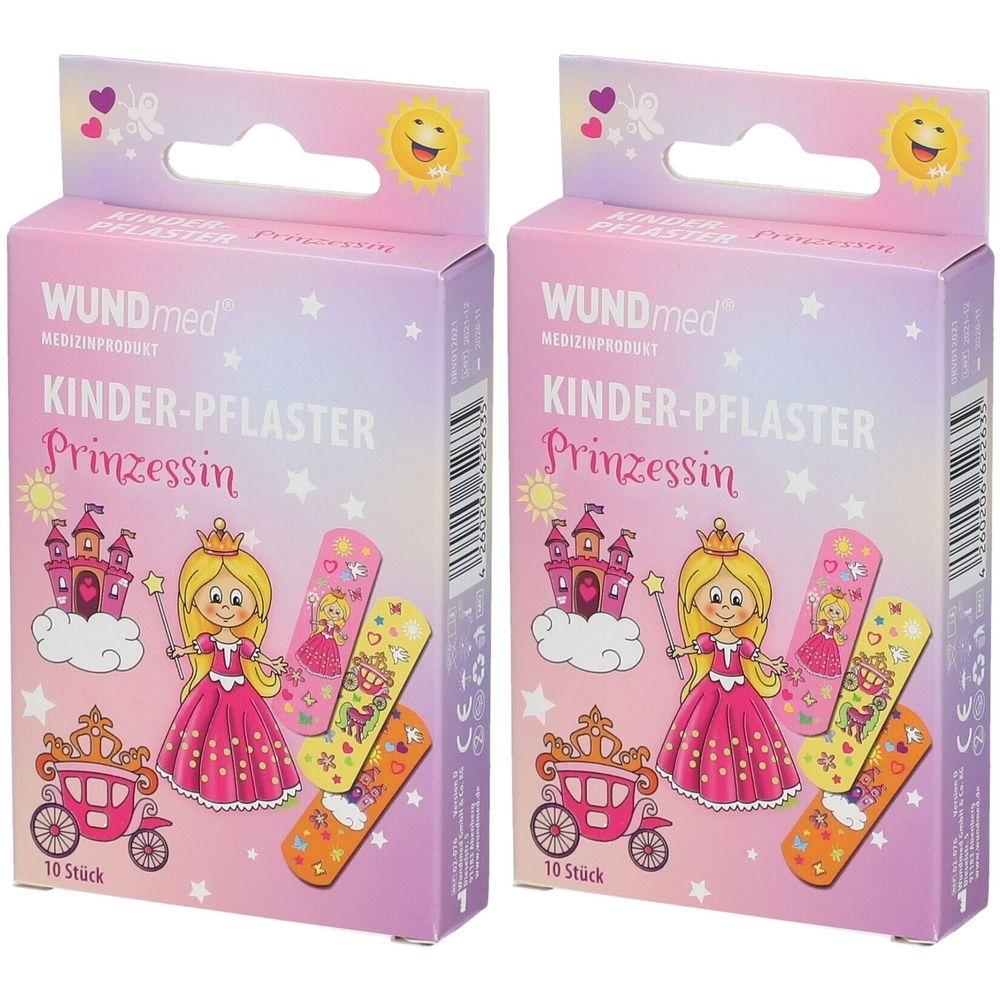 Zwei Schachteln WUNDmed Kinder-Pflaster Prinzessin. Rosa Verpackung mit Prinzessinnen-Motiven und 10 Stück Inhalt.