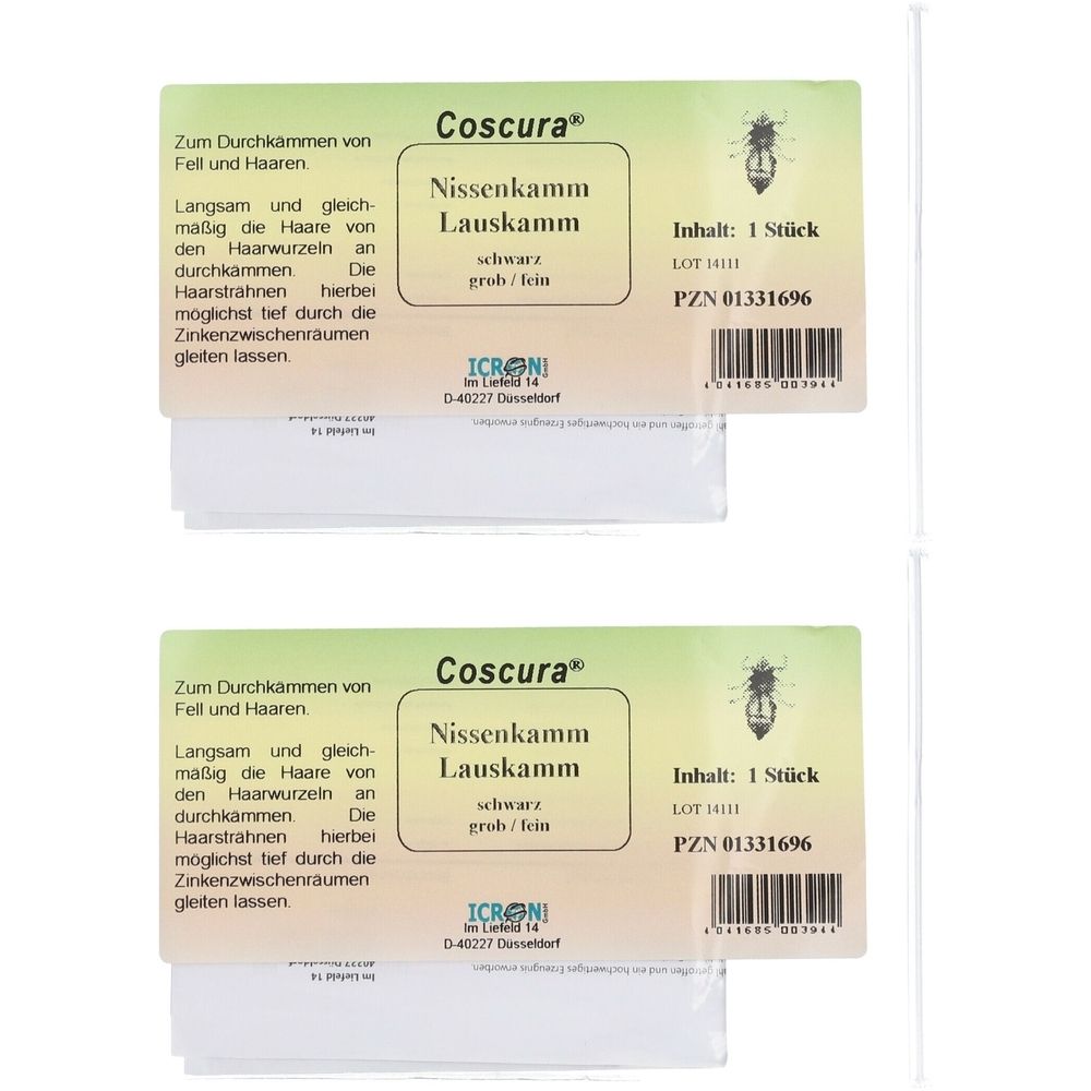 Zwei Packungen Nissenkamm, schwarz, grob/fein. Aufschrift Coscura, Inhalt: 1 Stück. PZN 01331696.