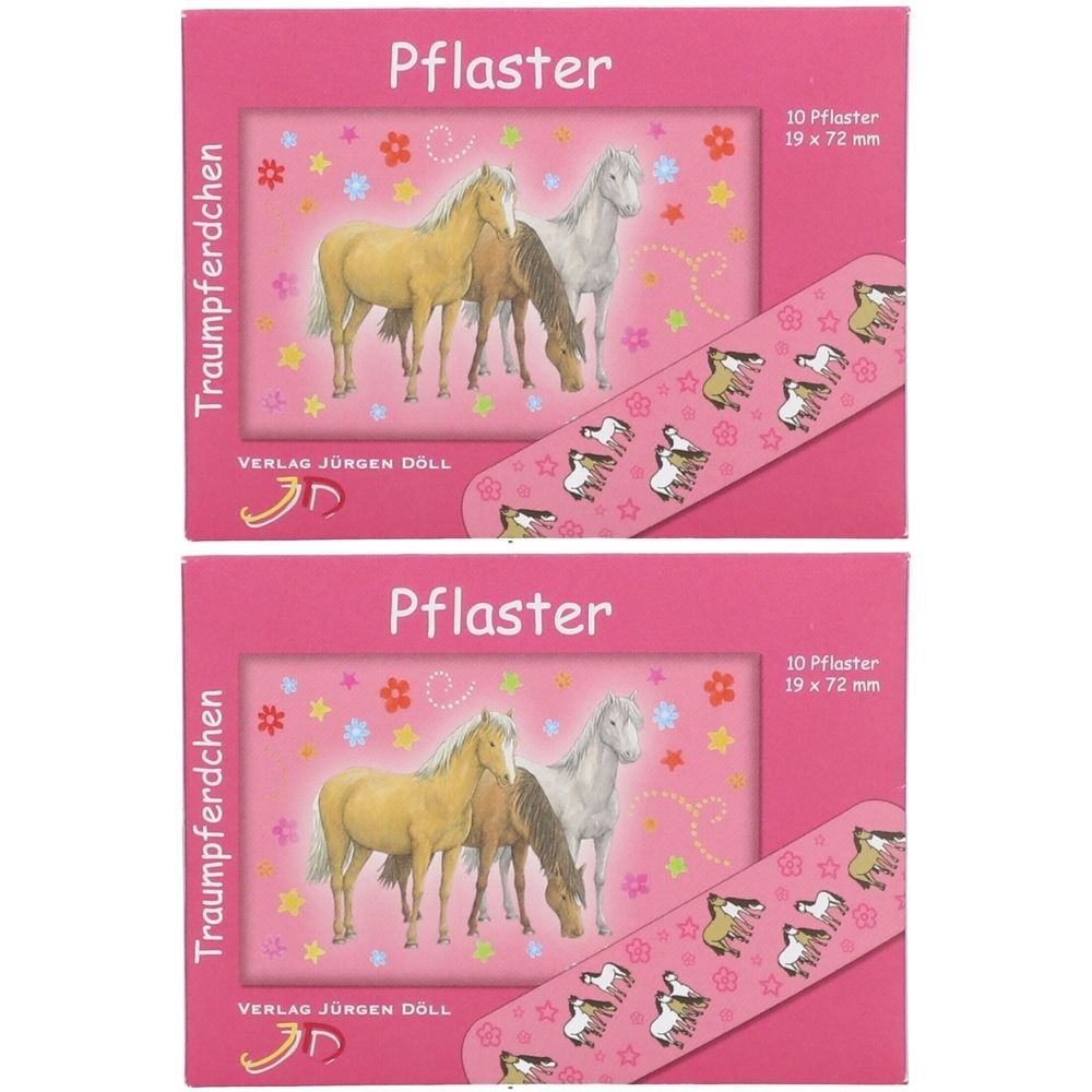 Rosa Verpackung mit Pflastern. Aufdruck: Pferde, Sterne, Blumen. Text: Pflaster, Traumpferdchen, 10 Pflaster 19 x 72 mm.