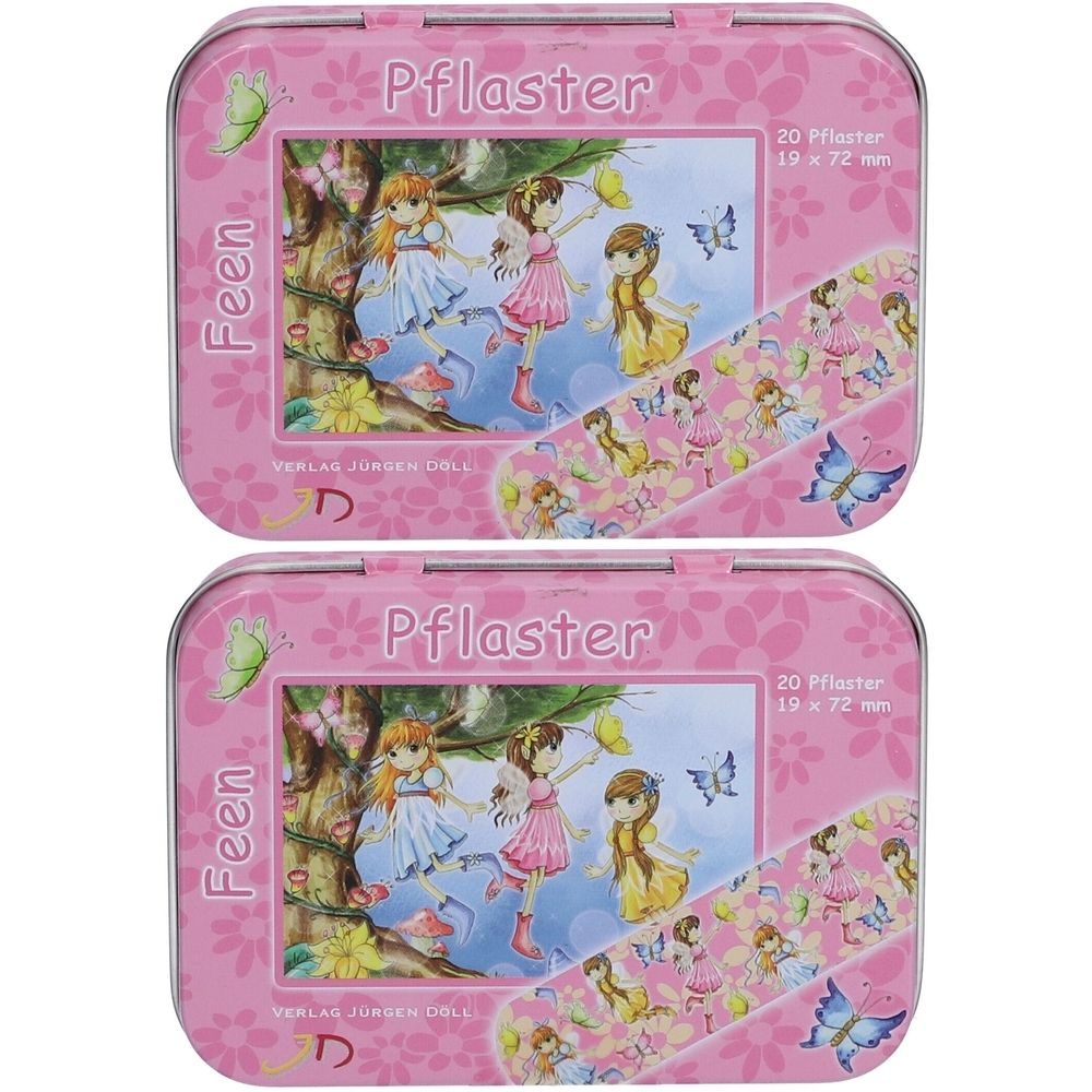Zwei rosa Metallboxen mit Pflastern. Aufdruck: Feen, Pflaster, 20 Stück, 19 x 72 mm. Illustrationen von Feen und Schmetterlingen.