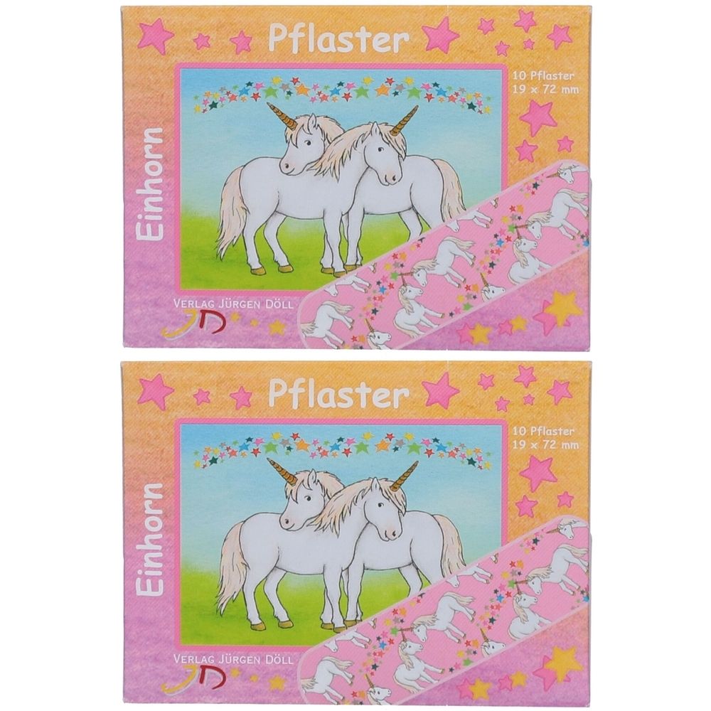 Zwei Packungen Pflaster mit Einhorn-Motiv. Rosa Verpackung mit Einhorn-Illustrationen und Schriftzug. Größe: 19 x 72 mm.