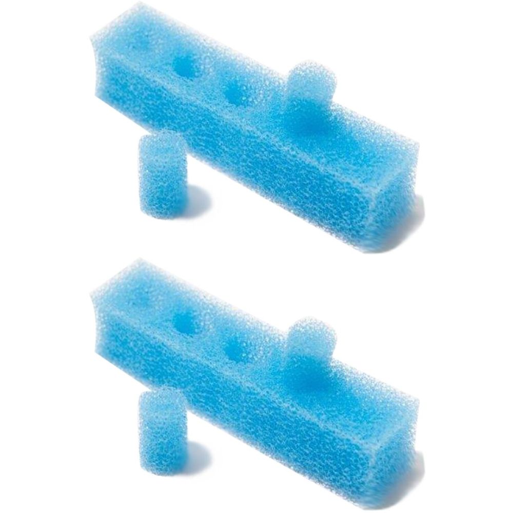 Zwei blaue, rechteckige Filter mit runden Aussparungen und einem zylindrischen Filterelement.