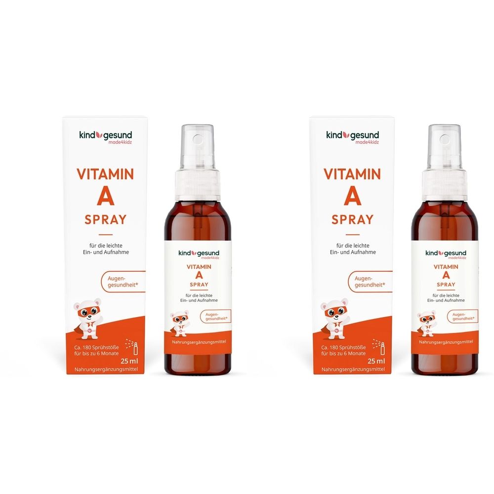 Zwei Flaschen Vitamin A Spray mit Verpackung. Aufschrift: Vitamin A Spray, kind-gesund. Flaschen mit Sprühkopf, braune Flüssigkeit.