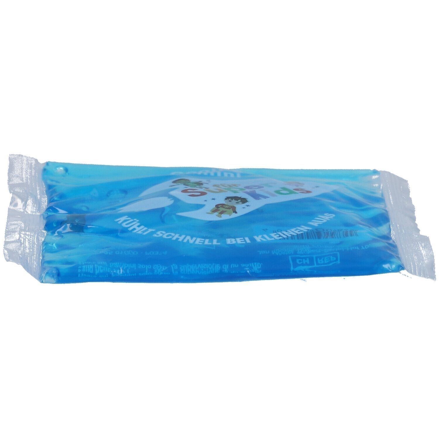 Blaues Kühlpack in transparenter Verpackung. Aufschrift: Super Kids. Text: Kühlt schnell bei kleinen Aua.