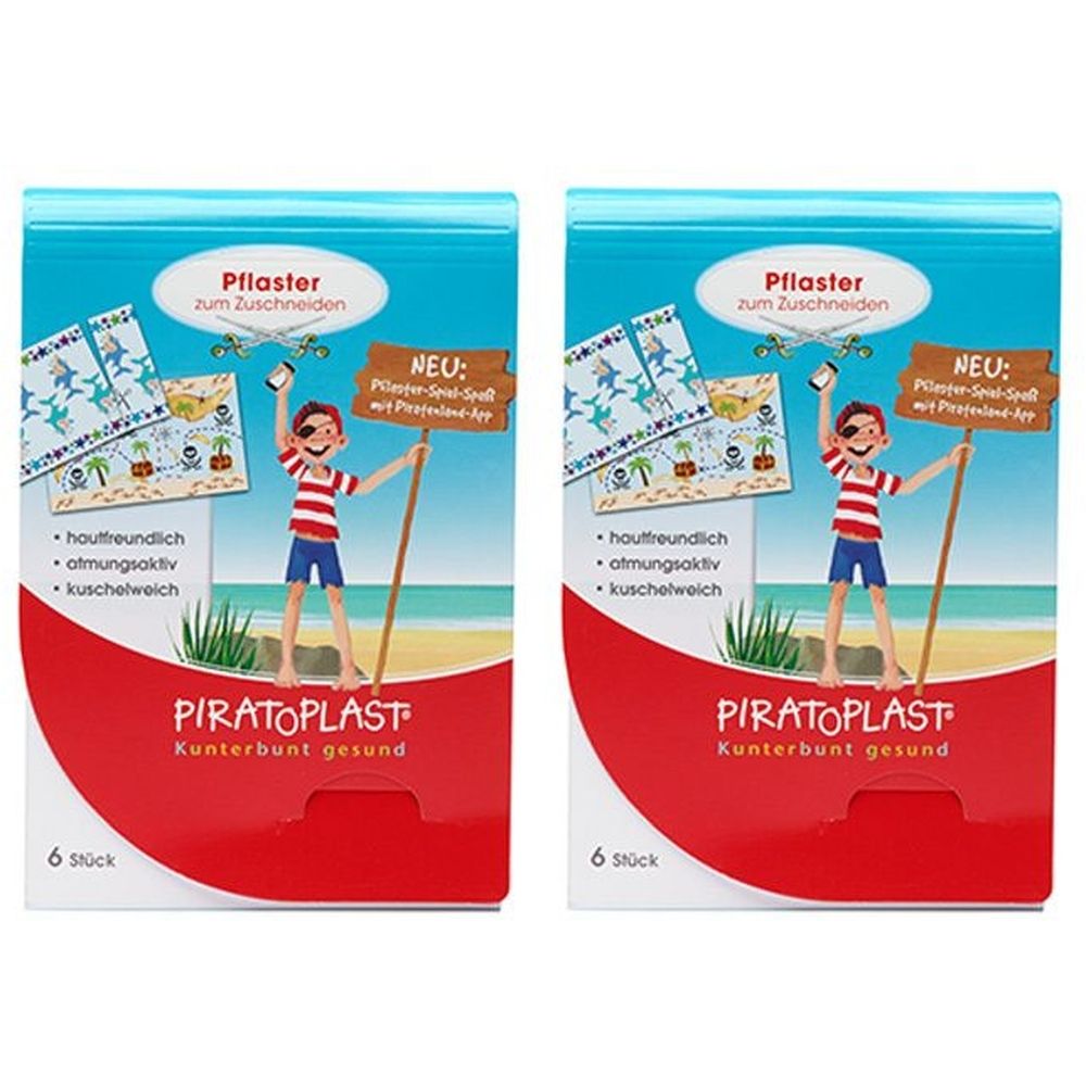 Zwei Packungen Pflaster zum Zuschneiden. Auf jeder Packung ein Piratenjunge mit Fahne. Text: PIRATOPLAST, Kunterbunt gesund, 6 Stück.