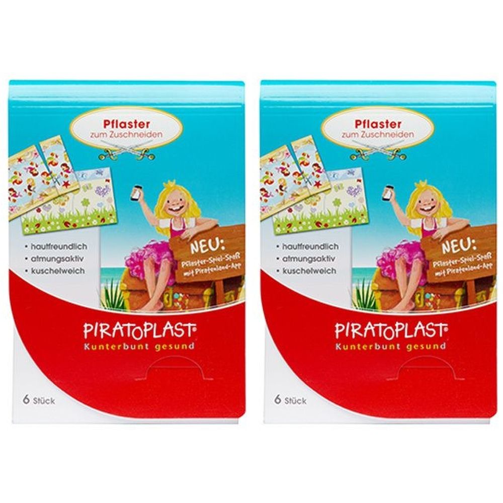 Zwei Packungen Pflaster zum Zuschneiden. Aufdruck: Piratoplast, 6 Stück. Mit Illustrationen und Text.